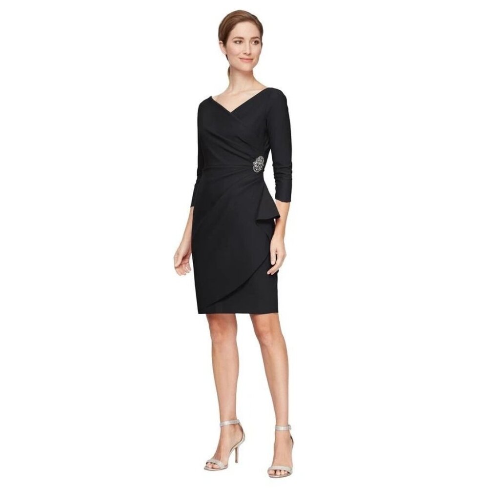 Alex Evenings Women's Slimming Stretch 3/4 Sleeve Dress Ruffle, Black 14 READ